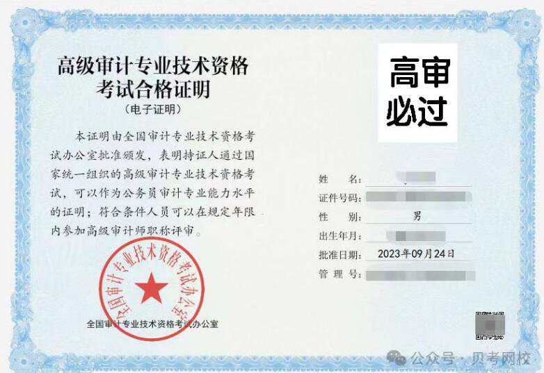 高级审计师合格证书样本